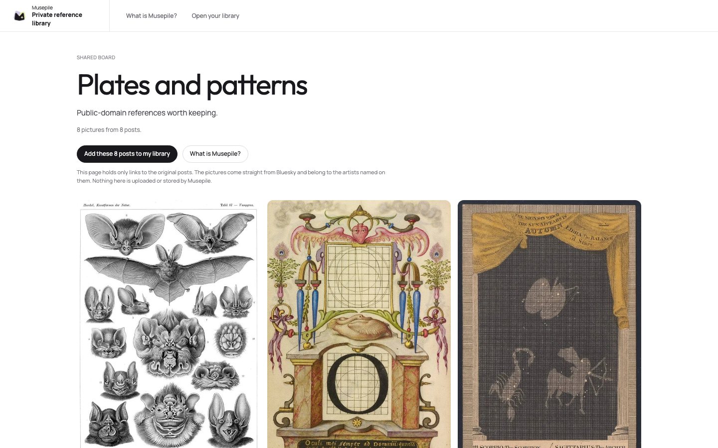 A shared board in a browser: a title, a short note and a masonry of public-domain illustrations, each credited, with a button to add the board to your library.