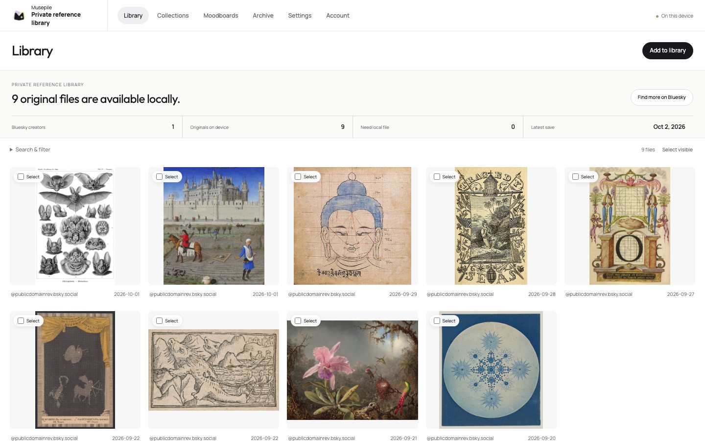 The Musepile library: a grid of public-domain illustrations, each saved as the original file, with the creator and date underneath.